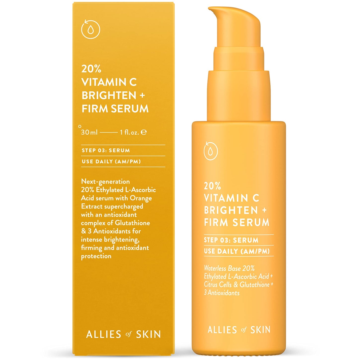 Allies of Skin 20% Vitamin C Brighten + Firm Serum: 20% Ethylated L-Ascorbic Acid + Orange Extract Complex with Glutathione. Firms & Intensely Brightens. For Smooth Elastic Skin 1 oz / 30 ml