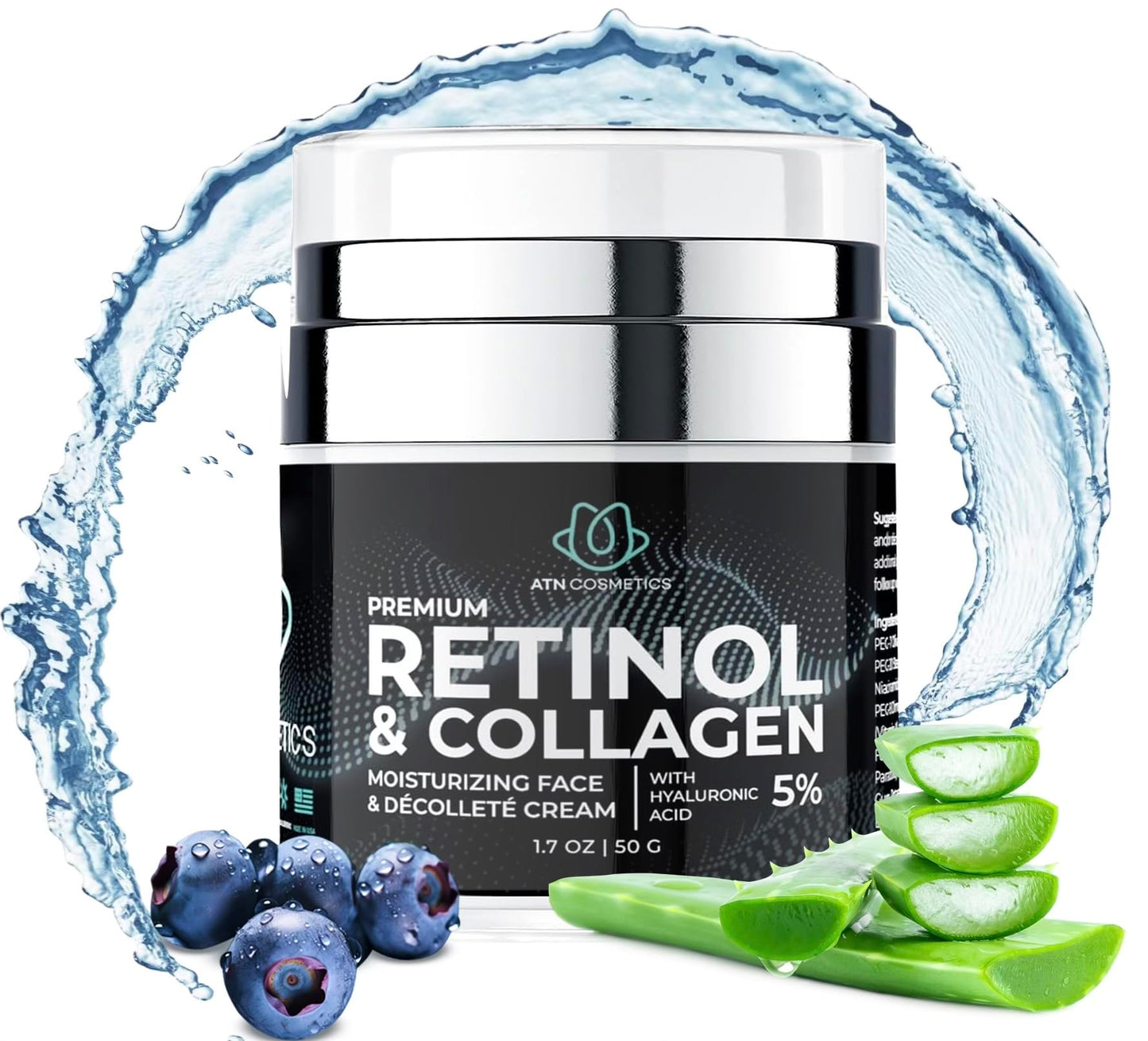 ATN Cosmetics Retinol Cream for Face & Neck Collagen Moisturizer Day & Night Cream for Women & Men Anti Aging Wrinkle Cream with Hyaluronic Acid Made in USA