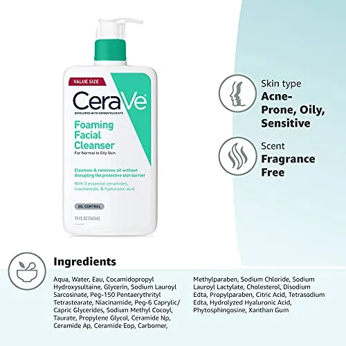 CeraVe Foaming Facial Cleanser | Makeup Remover and Daily Face Wash for Oily Skin | Paraben & Fragrance Free | 19 Fl Oz