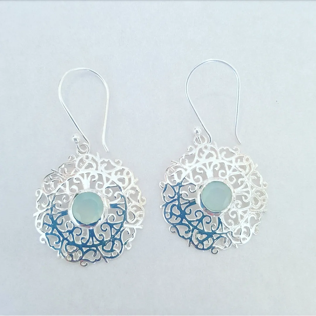 Chalcedony Stone and filligree design drop earrings