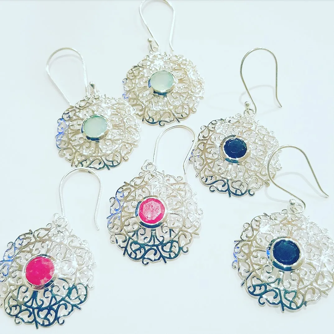 Chalcedony Stone and filligree design drop earrings