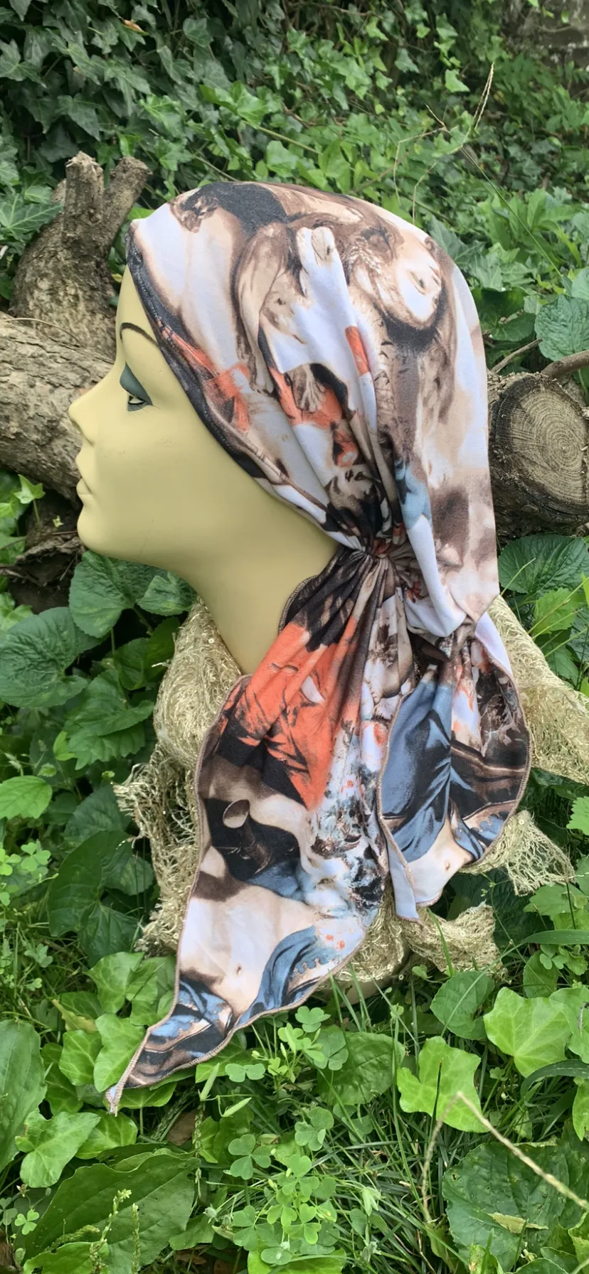 Christian Art Headscarf For Women| Romantic Style Fabric | Angel Print Material | Vintage Clothing Design | Pre Tied Head Covering | Unique Fitted Bandana Hair Scarf | Proudly made in the USA by Uptown Girl Headwear