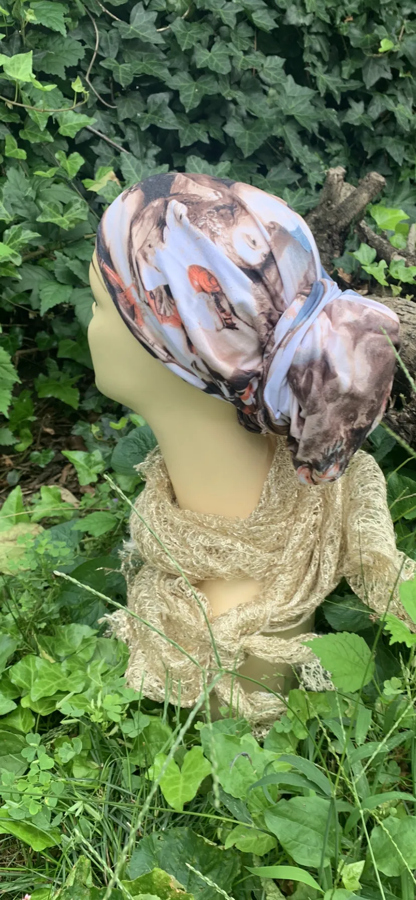 Christian Art Headscarf For Women| Romantic Style Fabric | Angel Print Material | Vintage Clothing Design | Pre Tied Head Covering | Unique Fitted Bandana Hair Scarf | Proudly made in the USA by Uptown Girl Headwear