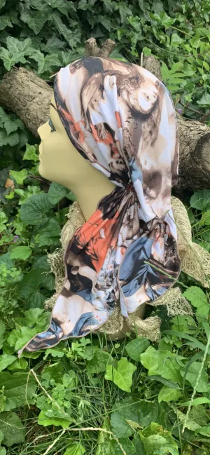 Christian Art Headscarf For Women| Romantic Style Fabric | Angel Print Material | Vintage Clothing Design | Pre Tied Head Covering | Unique Fitted Bandana Hair Scarf | Proudly made in the USA by Uptown Girl Headwear