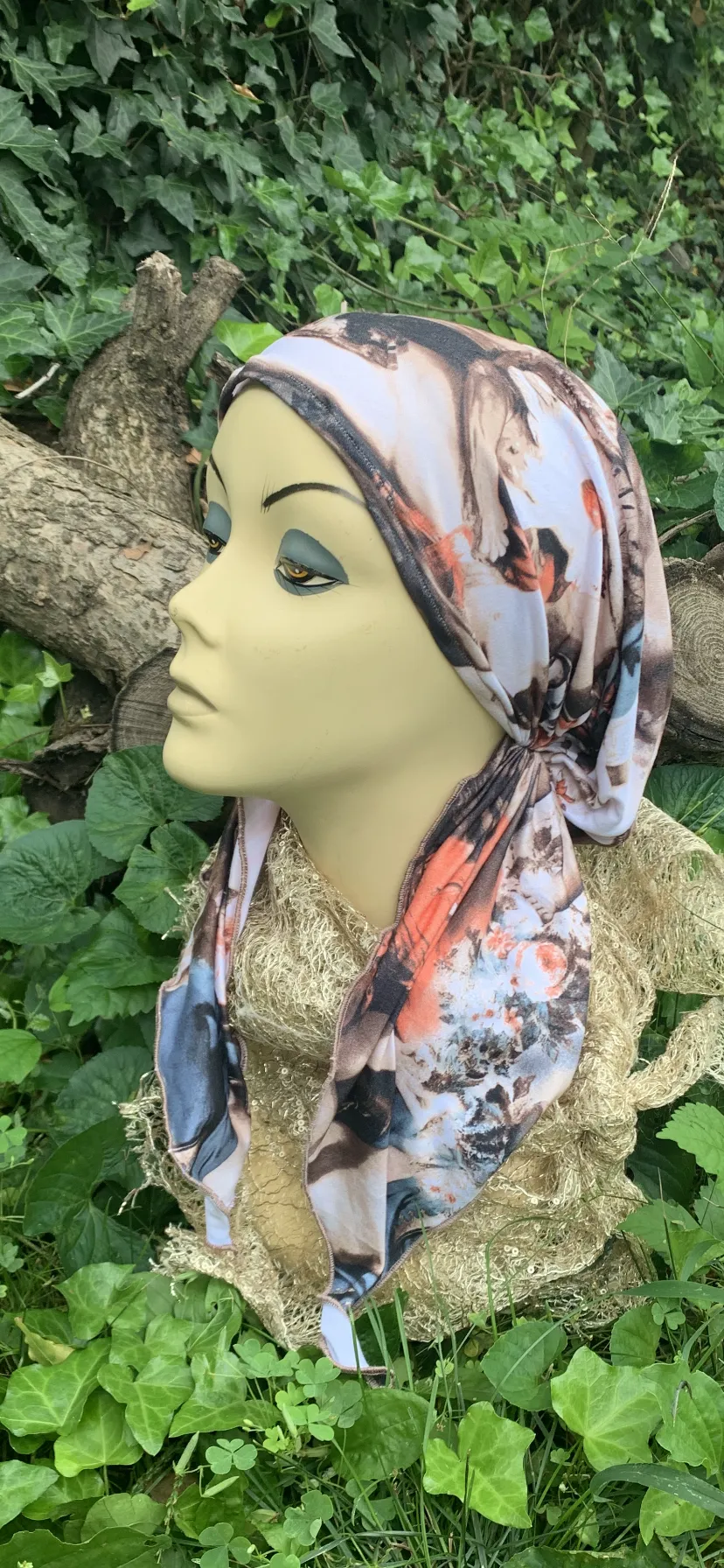 Christian Art Headscarf For Women| Romantic Style Fabric | Angel Print Material | Vintage Clothing Design | Pre Tied Head Covering | Unique Fitted Bandana Hair Scarf | Proudly made in the USA by Uptown Girl Headwear