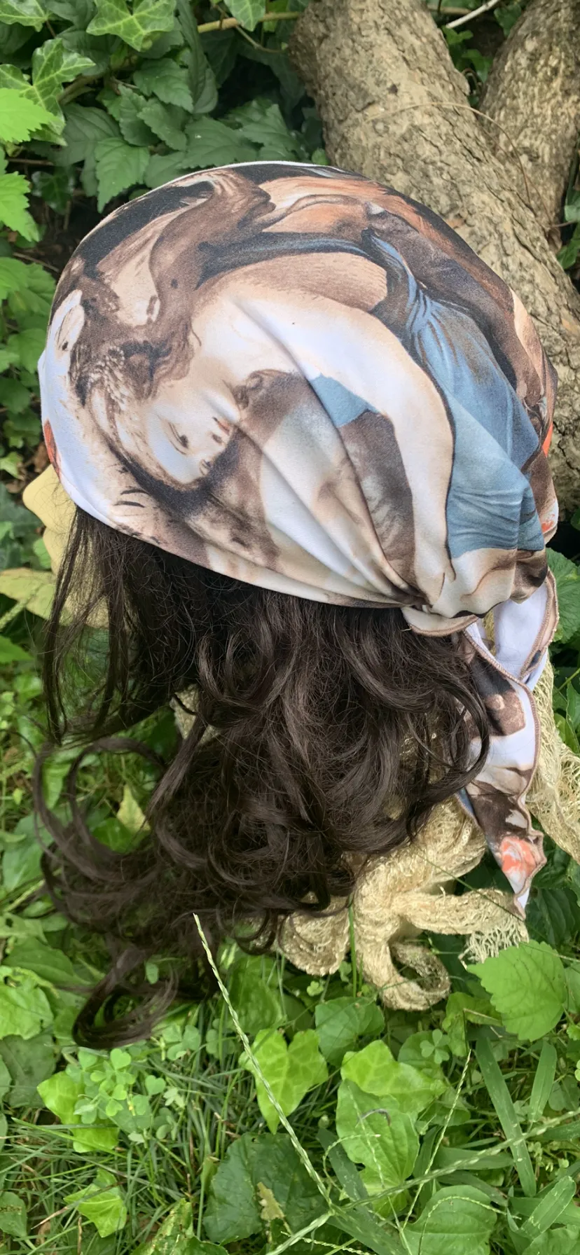 Christian Art Headscarf For Women| Romantic Style Fabric | Angel Print Material | Vintage Clothing Design | Pre Tied Head Covering | Unique Fitted Bandana Hair Scarf | Proudly made in the USA by Uptown Girl Headwear