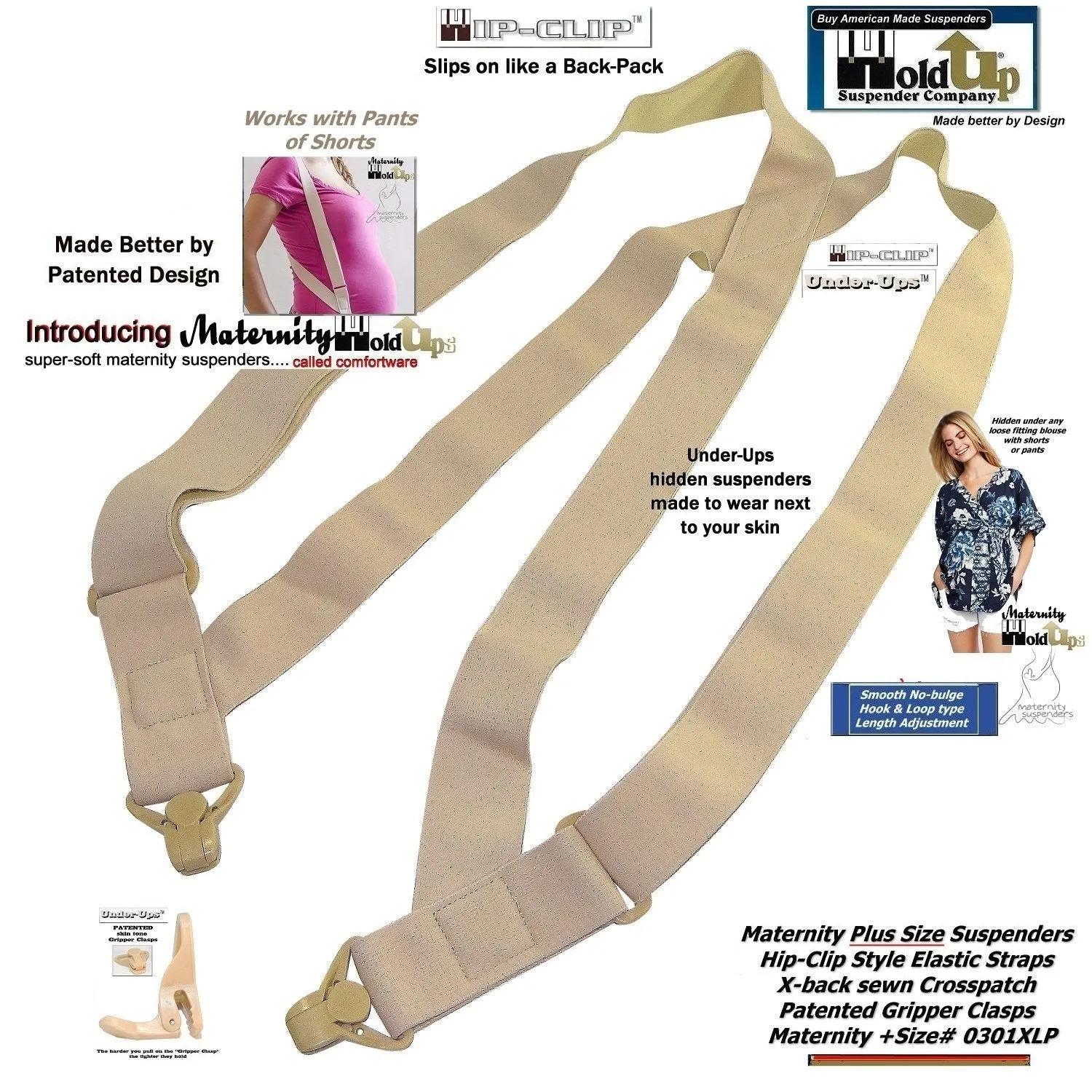 HoldUp Plus Size Maternity Hidden side clip Suspenders with beige Patented Gripper clasps